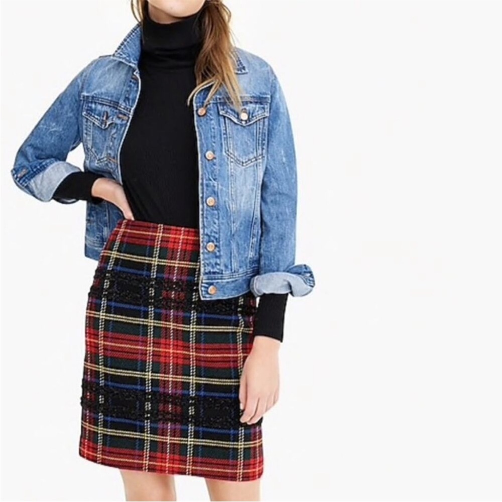 J. Crew Tartan Plaid Wool Blend Tweed Mini Skirt with Black Glitter Accemts